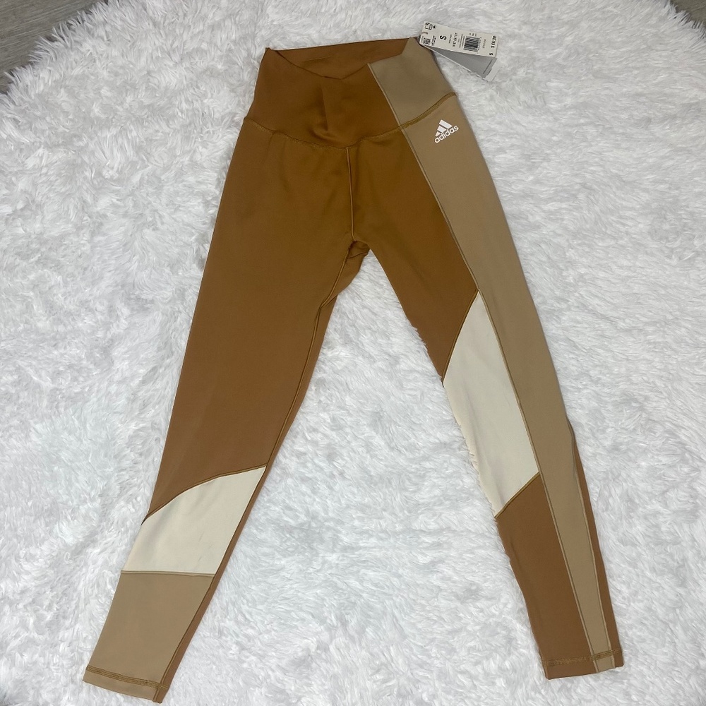 Adidas Woman's’ 7/8 High Rise Leggings Tan and Cream Small